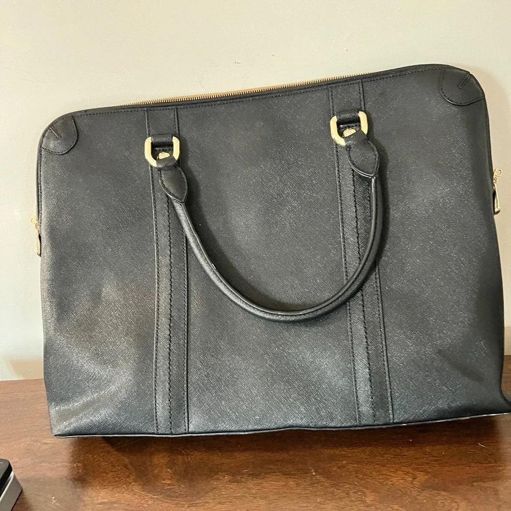 Henri Bendel Black Saffiano Leather Laptop Bag Gold Hardware Work Tote Bag